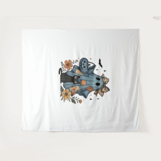 Patchwork Halloween Ghost Black Cat Essential T-Sh Wandkleed (Voorkant (horizontaal))
