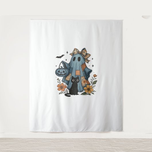 Patchwork Halloween Ghost Black Cat Essential T-Sh Wandkleed (Voorkant)