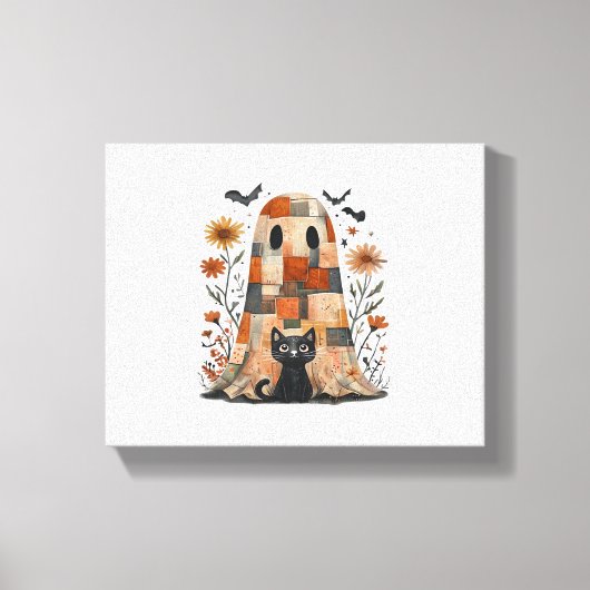 Patchwork Halloween Ghost en Cat, Retro Spooky F Canvas Afdruk (Voorkant)