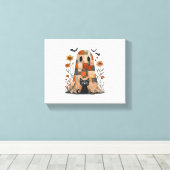 Patchwork Halloween Ghost en Cat, Retro Spooky F Canvas Afdruk (Insitu (Houten vloer))
