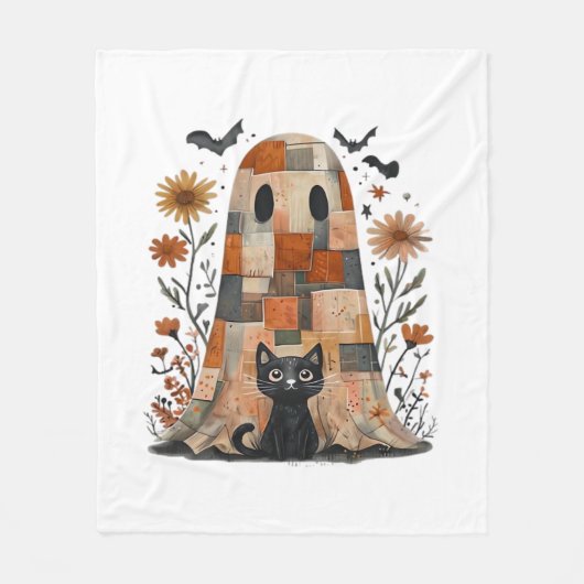 Patchwork Halloween Ghost en Cat, Retro Spooky F Fleece Deken (Voorkant)