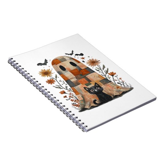 Patchwork Halloween Ghost en Cat, Retro Spooky F Notitieboek (Rechterzijde)