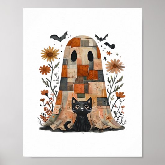 Patchwork Halloween Ghost en Cat, Retro Spooky F Poster (Voorkant)