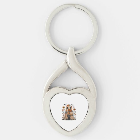 Patchwork Halloween Ghost en Cat, Retro Spooky F Sleutelhanger (Voorkant)