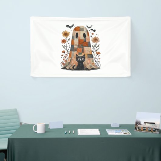 Patchwork Halloween Ghost en Cat, Retro Spooky F Spandoek (Beurs)