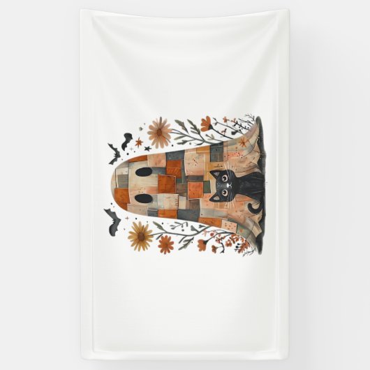 Patchwork Halloween Ghost en Cat, Retro Spooky F Spandoek (Verticaal)