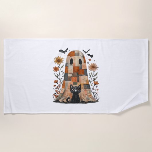 Patchwork Halloween Ghost en Cat, Retro Spooky F Strandlaken (Voorkant)