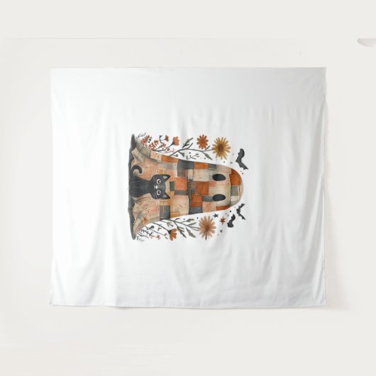 Patchwork Halloween Ghost en Cat, Retro Spooky F Wandkleed (Voorkant (horizontaal))