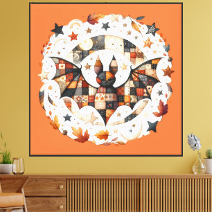 Patchwork Halloween-vleermuis in herfstkleuren Canvas Afdruk