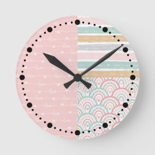 Patchwork Harten Regenbogen Pastel Roze Wandklok Ronde Klok