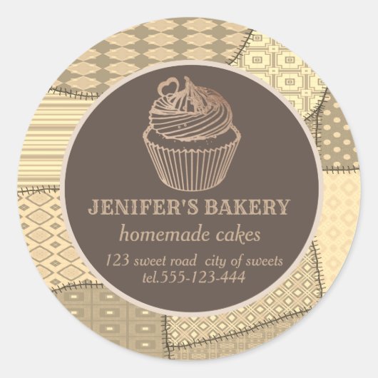 Patchwork Homemade cupcakes en snoepjes Ronde Sticker (Voorkant)