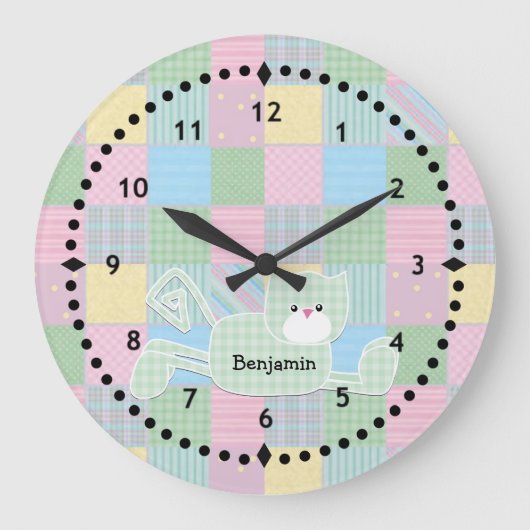 Patchwork Kat Nursery Wall Clock Grote Klok (Voorkant)