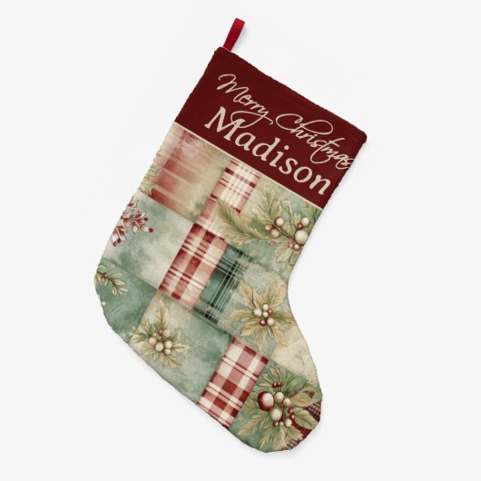 Patchwork Kerst Quilt Holly Berries Custom Grote Kerstsok (Voorkant (Hangend))