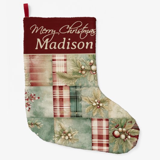 Patchwork Kerst Quilt Holly Berries Custom Grote Kerstsok (Voorkant)