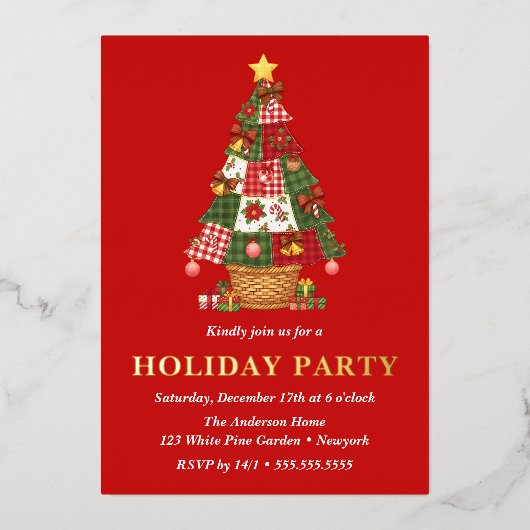 Patchwork kerstboom vakantie partij folie uitnodiging (Voorkant)