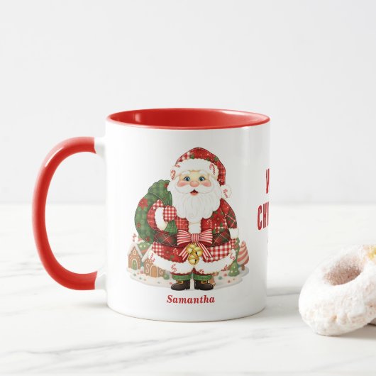 Patchwork Kerstman Kerstmis Mok (Met donut)
