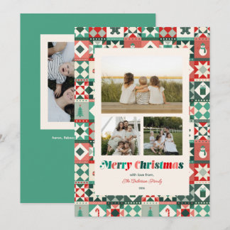 Patchwork Kerstmis Rood en Groen Drie Foto Feestdagenkaart