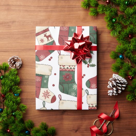 Patchwork Kerstmutsen Rood Groen Wit Cadeaupapier (Feestdagen Geschenken)