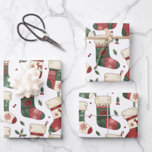 Patchwork Kerstmutsen Rood Groen Wit Inpakpapier Vel