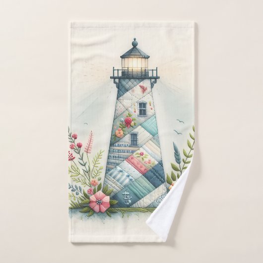 Patchwork Lighthouse Coastal Floral Scene (Serviette à main)