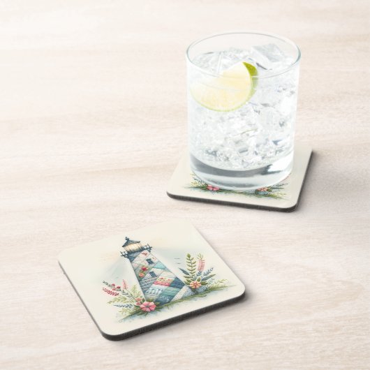 Patchwork Lighthouse Coastal Floral Scene Bier Onderzetter (Rechterzijde)