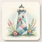 Patchwork Lighthouse Coastal Floral Scene Bier Onderzetter (Voorkant)