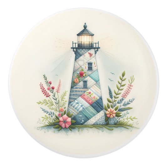 Patchwork Lighthouse Coastal Floral Scene Keramische Knop (Voorkant)