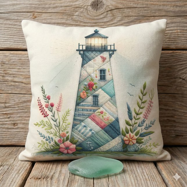 Patchwork Lighthouse Coastal Floral Scene Kussen (Patchwork Lighthouse Coastal Floral Scene Throw Pillow Mockup B1)