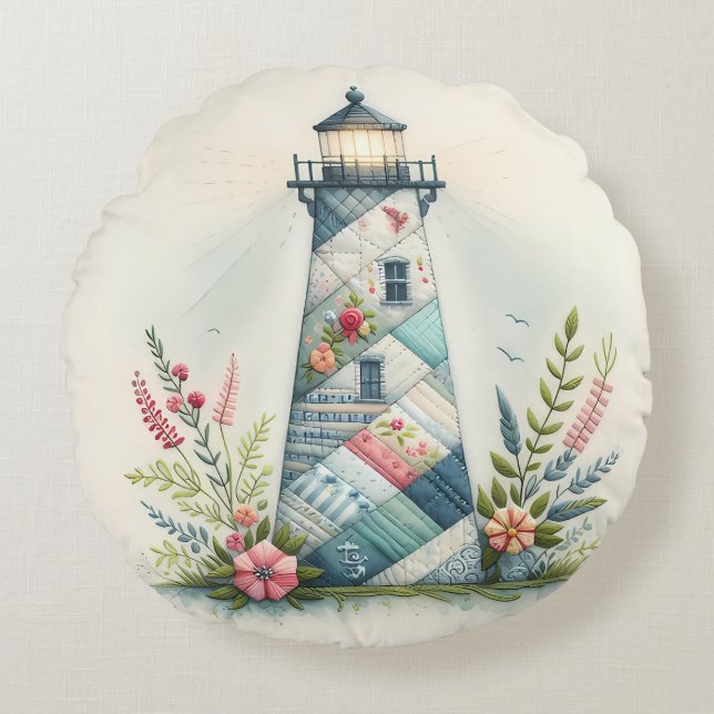 Patchwork Lighthouse Coastal Floral Scene Rond Kussen (Voorkant)