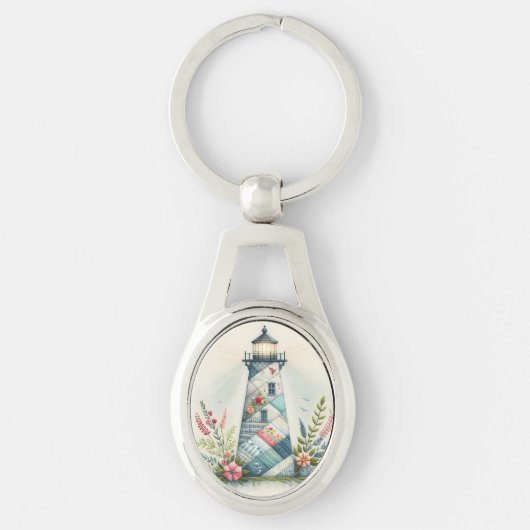 Patchwork Lighthouse Coastal Floral Scene Sleutelhanger (Voorkant)