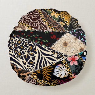 Patchwork luipaard: Etnisch lijnontwerp. Rond Kussen