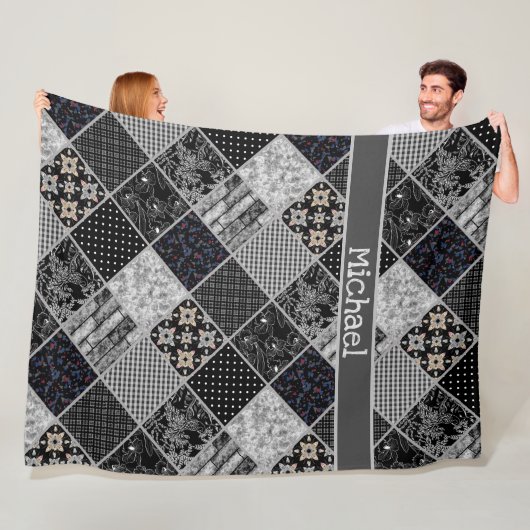 Patchwork monochrom zwart grijs witte vlek qui fleece deken (In situ)