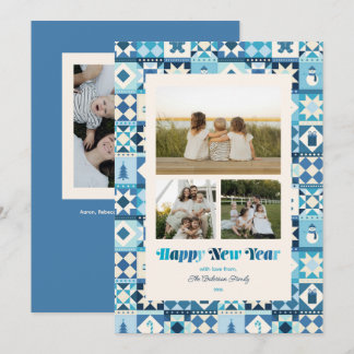 Patchwork Nieuwjaars tinten blauw Drie foto's Feestdagenkaart