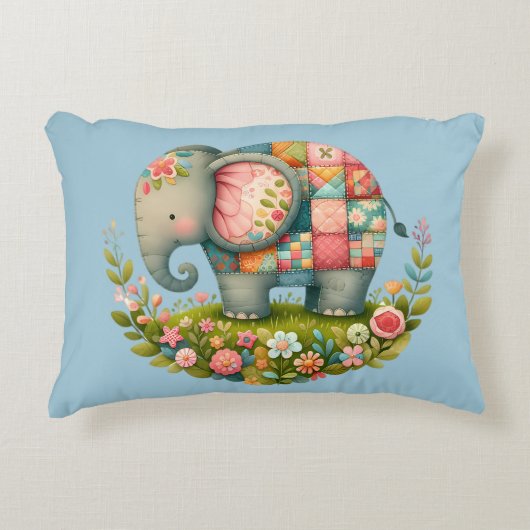 Patchwork Olifant Bloemrijke Weide Charme Accent Kussen (Voorkant)