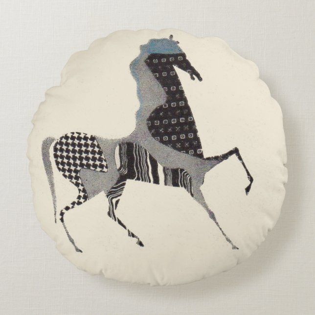 patchwork paard print rond kussen (Voorkant)