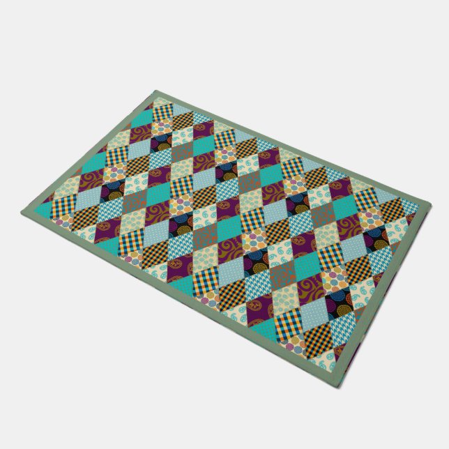 Patchwork Patroon Geometric Pset Blue Paarse Stipp Deurmat (Schuin)