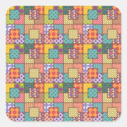 Patchwork-patroonbloemen Polka Dot Stripe Vierkante Sticker (Voorkant)