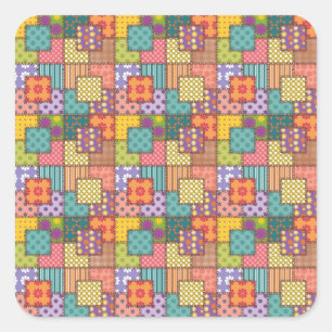 Patchwork-patroonbloemen Polka Dot Stripe Vierkante Sticker