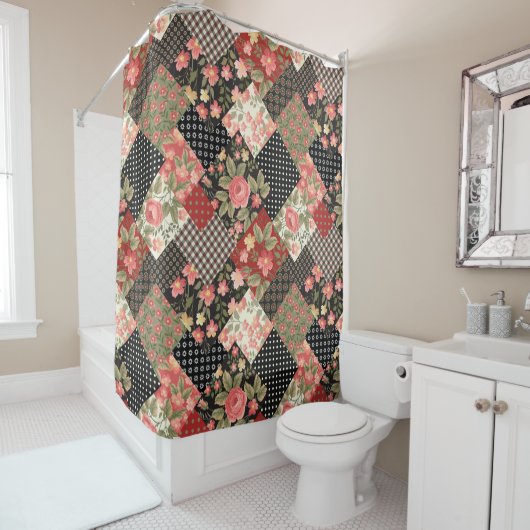Patchwork Pattern Geometric Flowers Polka Dots Douchegordijn (In situ)