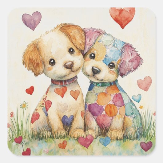 Patchwork Pups Valentijn Vierkante Sticker (Voorkant)