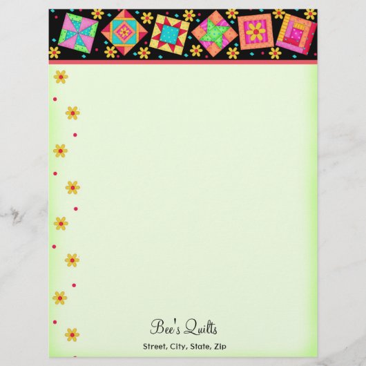 Patchwork Quilt Blocks Black Green Letterhead Briefhoofd (Voorkant)