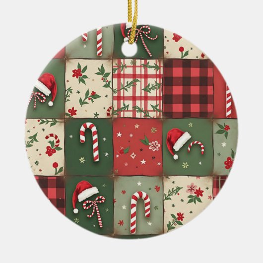 Patchwork Quilt Kerstversiering Keramisch Ornament (Voorkant)