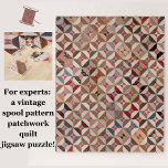 Patchwork Quilt Motif Challenger Jigsaw Puzzle<br><div class="desc">Ce puzzle stimulant présente le motif de bobine complexe et coloré d'une courtepointe en patchwork vintage américaine logée dans le Smithsonian American Art Museum. Profitez de la richesse des détails de couture géométrique tout près lorsque vous assemblez le textile rustique. Dans les tons marron clair, corail, rouge, etc. Ce puzzle...</div>
