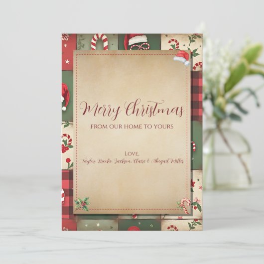 Patchwork Quilt Vrolijk Kerstfeest Feestdagenkaart (Staand voorkant)