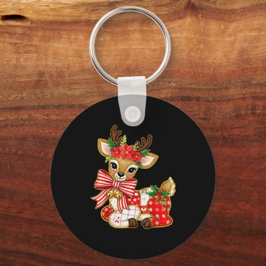 Patchwork Reindeer Preppy Girly Christmas Xmas Hol Sleutelhanger (Voorkant)