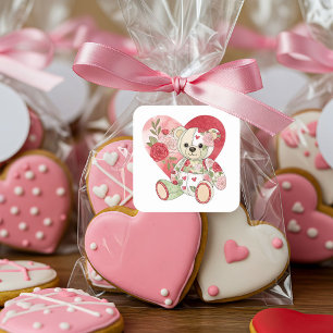 Patchwork Roos Beer met hart Vierkante Sticker