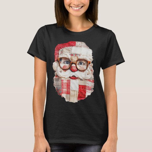 Patchwork Santa Claus Face Preppy Girly Christmas T-shirt (Voorkant)