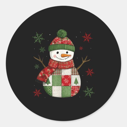 Patchwork Snowman Retro Funny Christmas Snowman Ho Ronde Sticker (Voorkant)