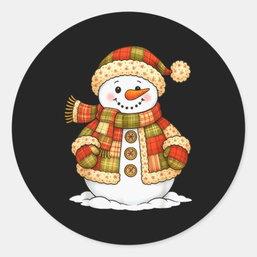 Patchwork Snowman Retro Funny Snowman Holiday Chri Ronde Sticker (Voorkant)