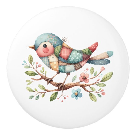 Patchwork Songbird op Blooming Branch Keramische Knop (Voorkant)